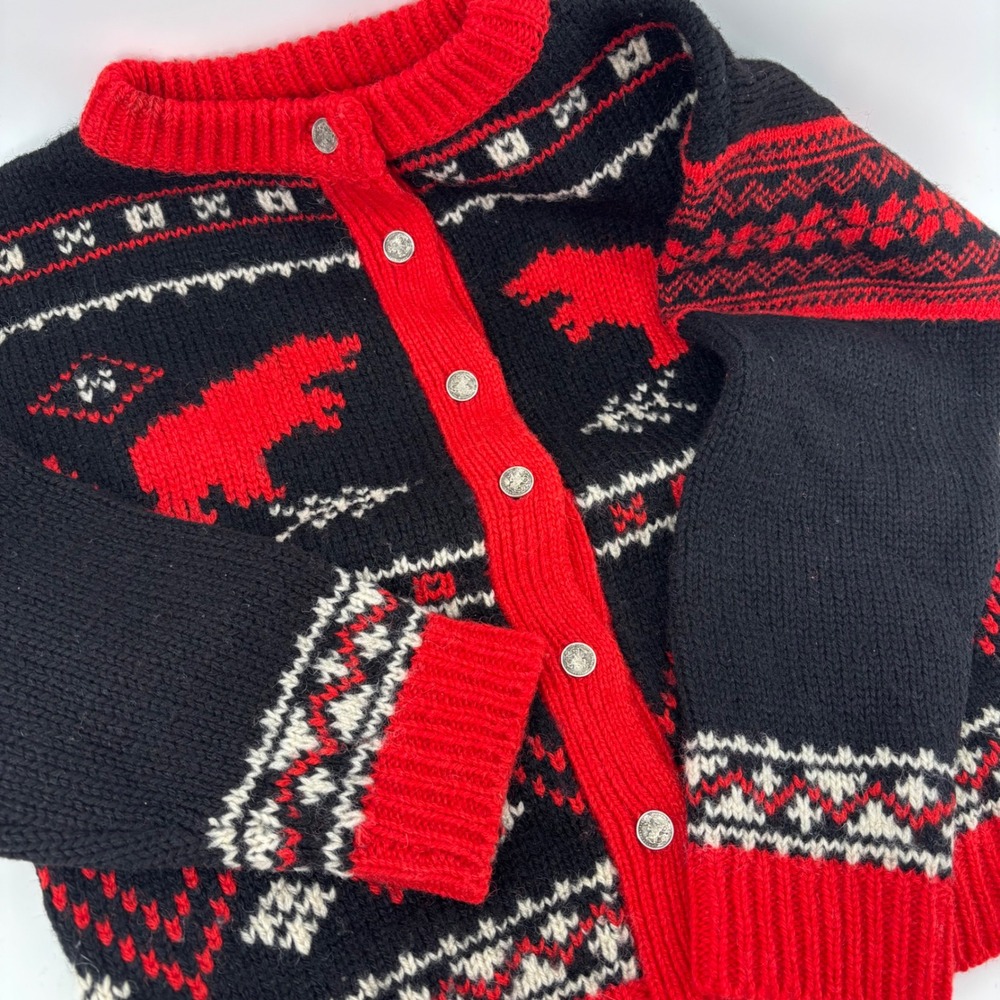 Excellent Cambridge Dry‎ Goods Womens Cardigan M Black Red Bear Fair Isle Wool